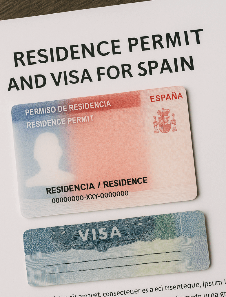 Spanish residence permit card and visa placed on a document titled “Residence Permit and Visa for Spain.”