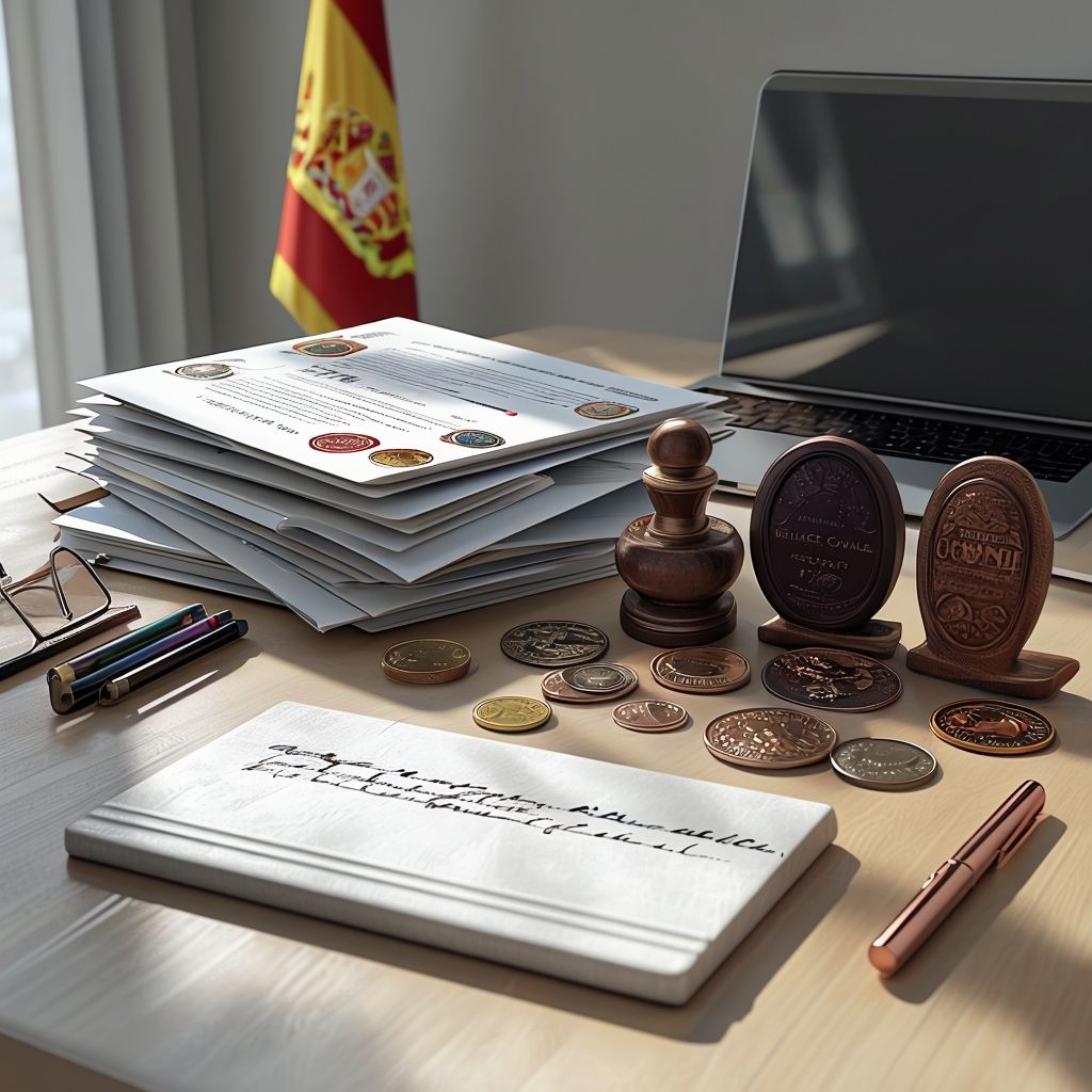 Close-up of a professional translator stamping and signing an official sworn translation of a foreign document for legal use in Spain.