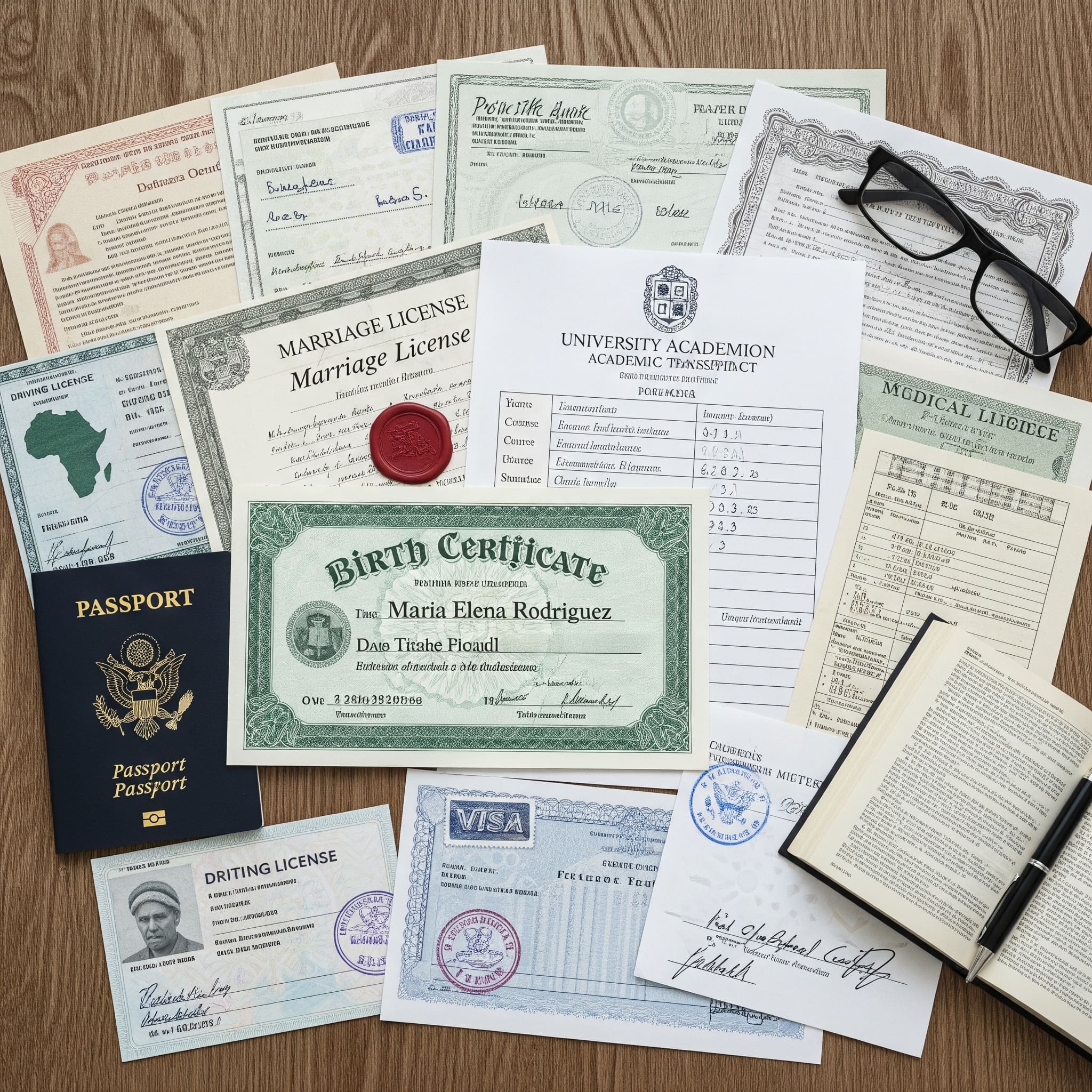 A flat lay arrangement of a diverse collection of official documents, including a US birth certificate, an academic transcript, and a marriage license, representing the types of papers that require certified translation services from WIC Idiomatic for international legal use